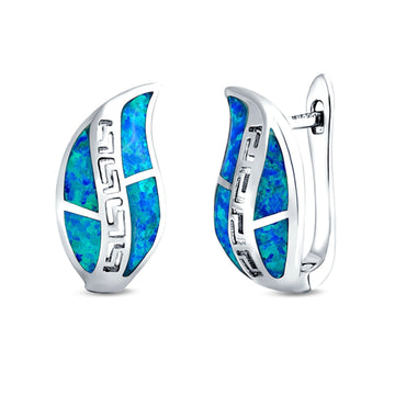 Leaf Stud Earrings Lab Created Blue Opal 925 Sterling Silver (17mm)